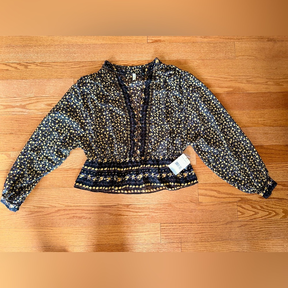 NWT FREE PEOPLE Women's Floral Black Combo  Blouse Size M- $130